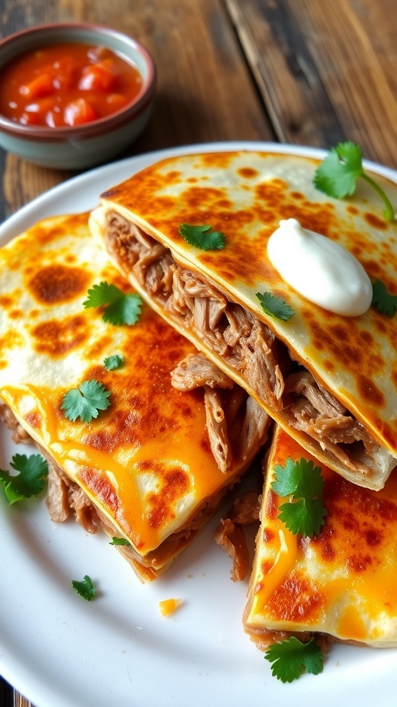 Crispy pulled pork quesadilla sliced into wedges, served with salsa and sour cream on a rustic table.